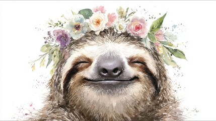 Fototapeta premium Smiling sloth with flower crown