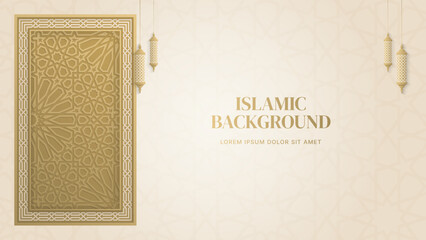 Minimalist Islamic Background Template with Gold Geometric Panel and Hanging Lanterns