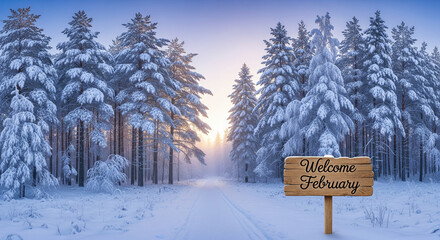 Welcome February wooden sign in snowy pine forest with golden sunrise glow winter landscape