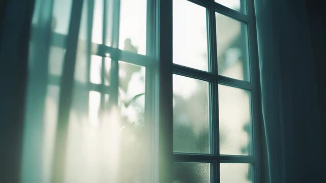 Warm morning sunlight filters through a white framed window and frosted privacy curtain, casting soft, tranquil beams across a clean, domestic interior that feels hopeful and calm