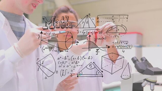 Animation of math formulas over caucasian female and male lab workers
