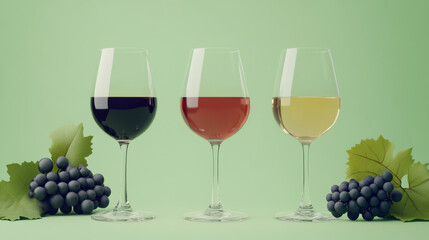 Obraz premium Red, White, and Rose Wine in Glasses with Grapes on Green