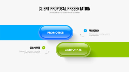 Fototapeta premium Consulting Report Slideshow Design Vector Illustration. Business Innovation Two Element Infographic Slide Layout. Professional Planning 2 Option Diagram Frame Template.