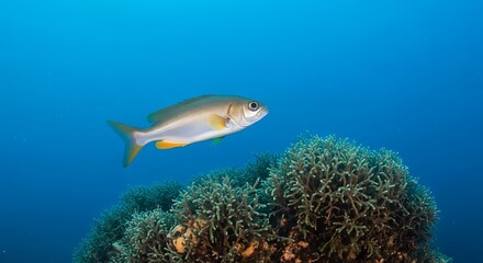 Yellow-Finned Fish Swimming Above Green Coral Reef in Blue Ocean 