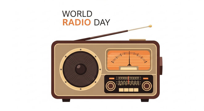 Retro radio illustration for World Radio Day vintage broadcast device with antenna and dial isolated on white background for media and communication concepts