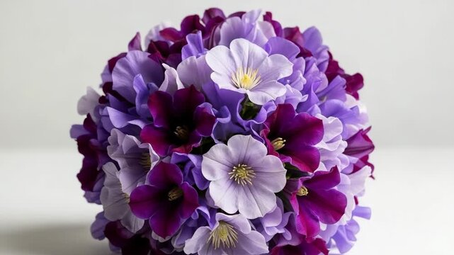 Elegant panoramic banner of a lush floral bouquet with purple and lilac clematis flowers. A beautiful spherical arrangement perfect for spring holidays or wedding decor