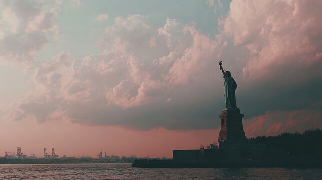 Statue of Liberty Silhouetted Against a Dramatic Cloudy Sky at Sunset
