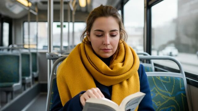Young adult female feeling unwell and blowing her nose on a city bus. Caucasian woman reading a book while commuting with seasonal cold or allergy symptoms