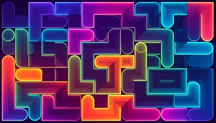 abstract background of colorful neon maze, modern flat labyrinth mosaic wallpaper, multicolored gradient geometric stripes