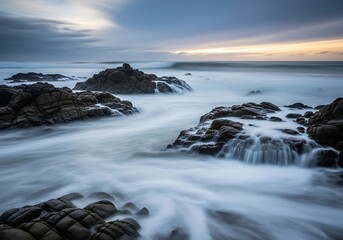 Obraz premium Coastal rocks and blurred water at dawn