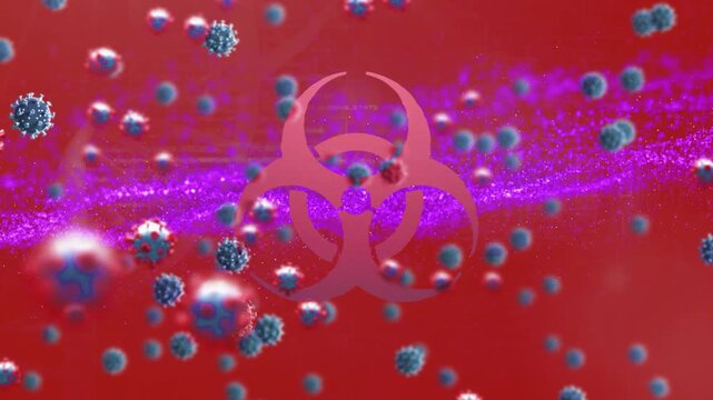 Animation of virus cells over biohazard symbol and purple spots on red background