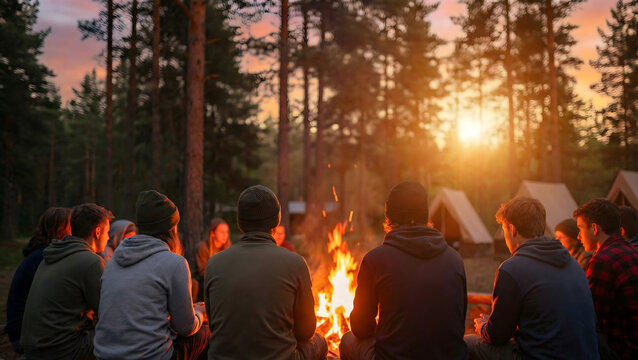 back view of scouts sitting by the campfire
