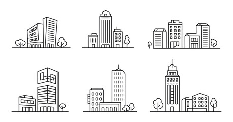 One Line City Vector Illustration Set, Skyscraper Buildings and Linear Town Cityscape, Modern Downtown and Business District Skyline, Minimal Continuous Line Urban Architecture Design