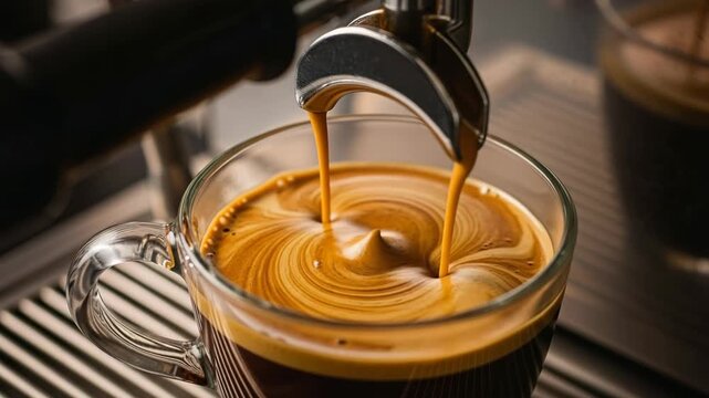 Collage of an espresso machine pouring a perfect shot into a glass mug. Closeup sequence showing the brewing process and the formation of a rich golden brown crema
