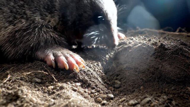 Extreme closeup of a tiny shrew animal digging in dark dirt ground