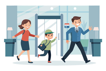 Smiling family entering modern building with child carrying school bag, concept of daily routine, education or family visit