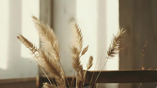 Dried ornamental grass plumes and stalks catch natural warm sunlight casting shadows indoors, creating a peaceful scene representing home warmth and interior decoration