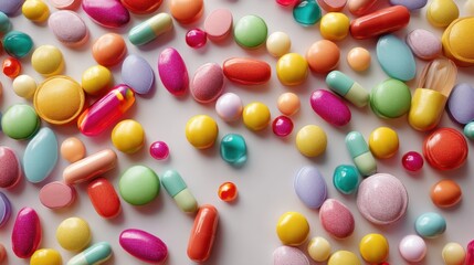 Fototapeta premium Colorful medicine pills and capsules spread on a white surface. Healthcare and pharmacy concept for health and illness treatment.