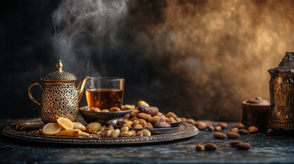 Obraz premium Elegant Arabic Tea with Nuts and Dried Fruits