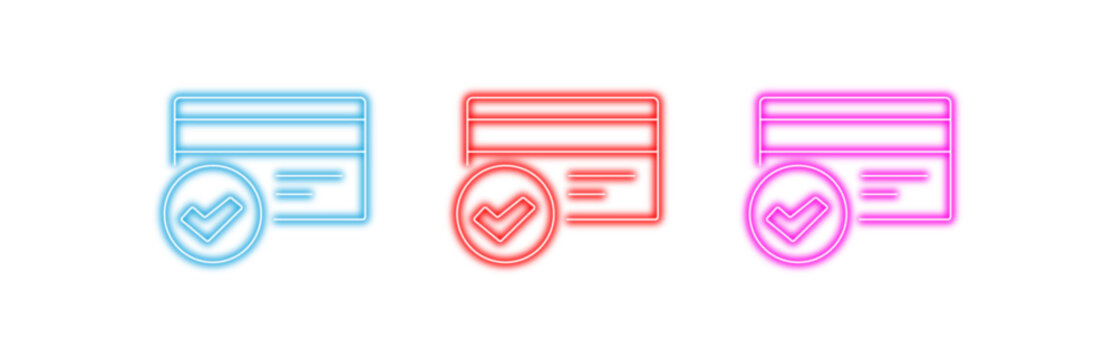 set of colorful neon credit card icons with checkmark for successful payment transaction isolated on transparent background