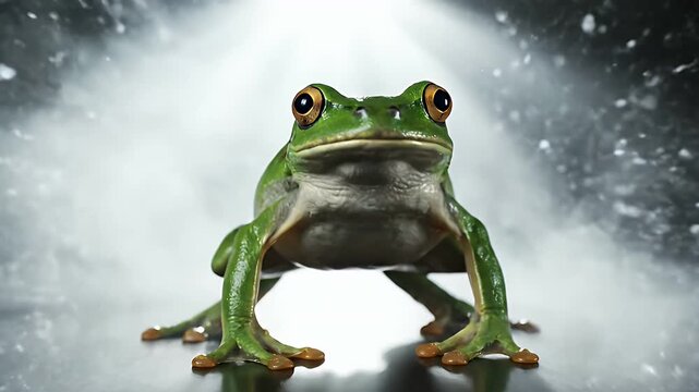 Hyper realistic green tree frog jumping on reflective metallic surface
