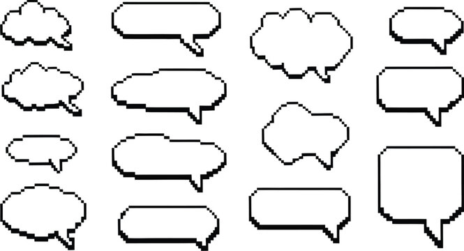 Pixel Art Cloud Speech Bubble Set, Cloud Shaped Comic Text Boxes, Pixelated 8 Bit Dialogue and Thought Bubbles, Retro Game Quote and Chat Boxes with Shadow, Vector Isolated Illustration