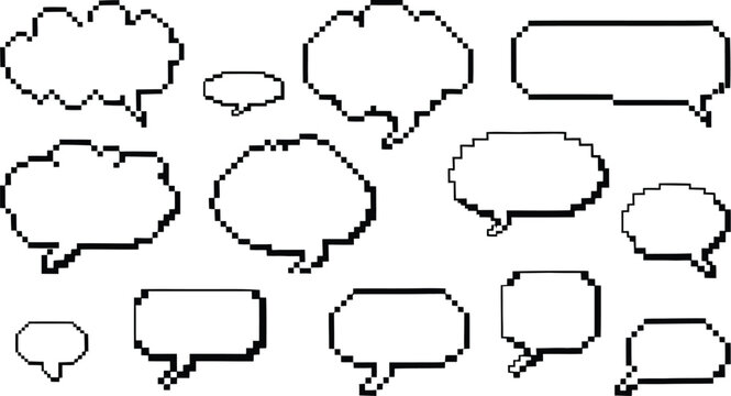 Pixel Art Cloud Speech Bubble Set, Cloud Shaped Comic Text Boxes, Pixelated 8 Bit Dialogue and Thought Bubbles, Retro Game Quote and Chat Boxes with Shadow, Vector Isolated Illustration