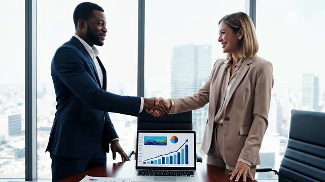 Business Deal Handshake in Modern Office - A black man and white woman shake hands in front of a laptop displaying business analytics in a modern highrise office.