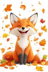 Obraz premium Cute cartoon fox sitting among colorful autumn leaves