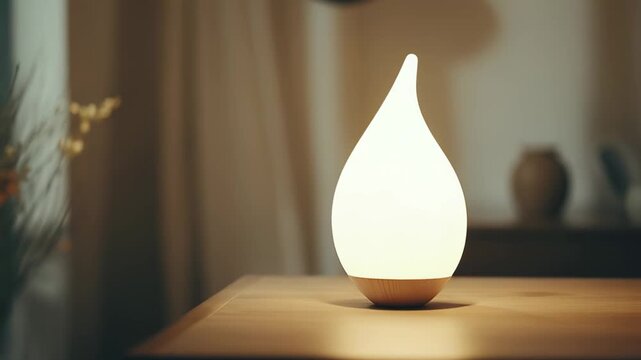 Modern electric diffuser emitting gentle aromatic vapor, casting warm glow over a minimalist wooden table to create a cozy, peaceful, and soothing home ambiance
