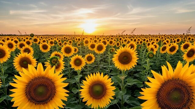 Panoramic landscape of a blooming sunflower field at sunset. Golden hour light illuminates the agricultural scenery for a beautiful summer nature background