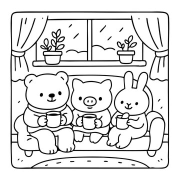 Three cute animals enjoy warm drinks together in a cozy indoor setting, surrounded by plants and a window view.