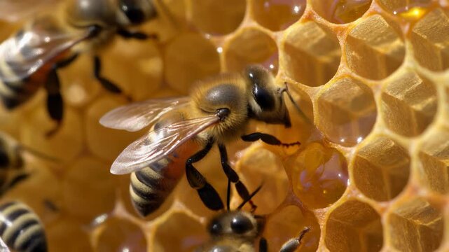 Honeybees working together on honeycomb cells.
