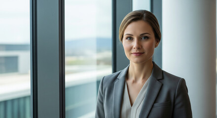 Professional businesswoman standing confidently in a modern office building with a city view behind her