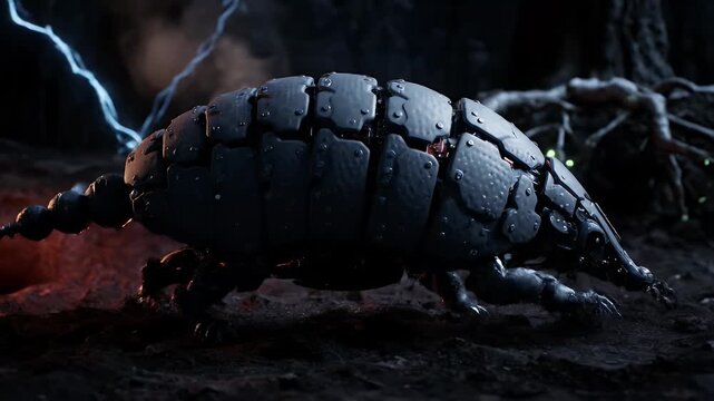 Mechanical Armadillo Robot Creature Stalking Through Dark Sci Fi World