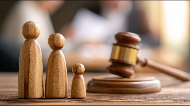 Little Wooden Figures of a Family Near a Gavel in a Courtroom During a Legal Discussion About Family Matters and Decisions Being Made