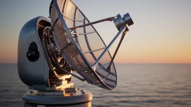 Close-up of a large metallic satellite dish antenna reflecting warm sunset light over a calm ocean horizon with soft orange and pink sky gradient.