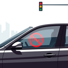 Fototapeta premium Car Window with Red Prohibition Sign.