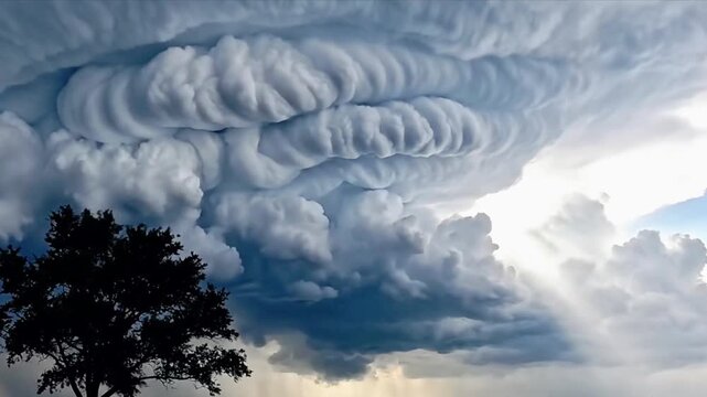Dramatic supercell thunderstorm formation with swirling clouds and sunlight rays over silhouetted trees in rural landscape