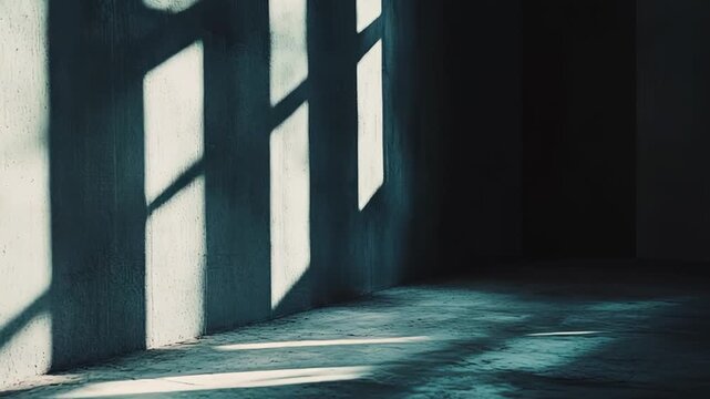 Light patterns illuminating a dark, empty concrete room, creating a dramatic interplay of shadows and brightness, emphasizing feelings of isolation and hope