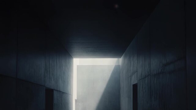Long concrete corridor with strong shadows and bright light streaming from an opening at the end, symbolizing a path forward, hope, journey, or the unknown future
