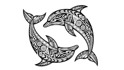 Obraz premium Two dolphins in a circular yin-yang pose, decorated with intricate black and white tribal patterns for a tattoo design.