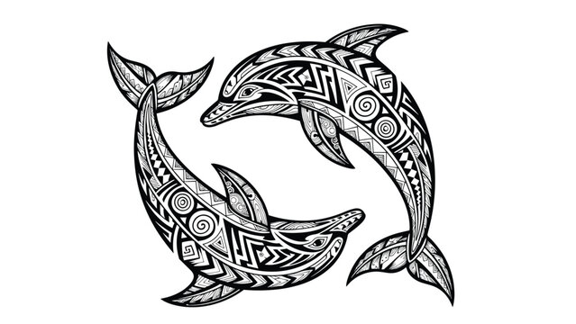 Two dolphins in a circular yin-yang pose, decorated with intricate black and white tribal patterns for a tattoo design.