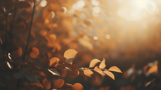 Golden autumn leaves on backlit branches glowing in warm sunset light, soft bokeh and shallow depth of field creating an idyllic, tranquil natural scene
