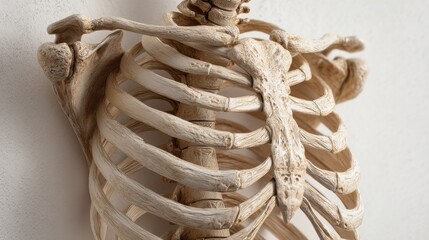 Human rib cage skeleton, close up shot with details. Anatomy of upper body. Medical education and health care concept for biology.