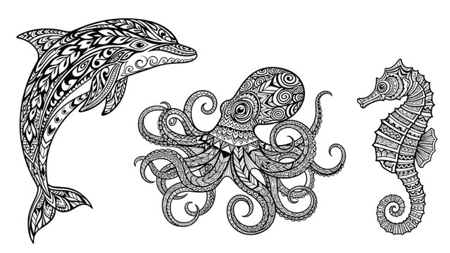 Set of three sea creatures?dolphin, octopus, and seahorse?drawn with intricate black and white tribal zentangle patterns.