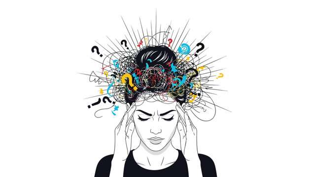 Abstract illustration of a woman with a chaotic explosion of lines and question marks from her head, symbolizing anxiety.