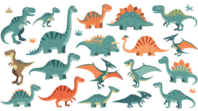 Large collection of cute and friendly cartoon dinosaurs of various species like T-Rex, Brontosaurus, and Stegosaurus.