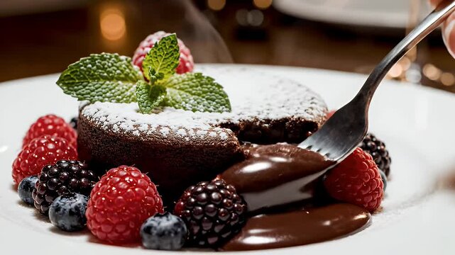 Molten Chocolate Cake with Berries - A close-up shot shows a decadent molten chocolate cake, dusted with powdered sugar and garnished with fresh raspberries, blackberries, blueberries, and a sprig of