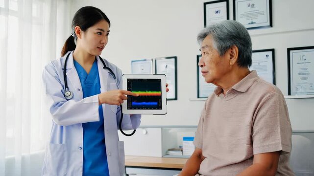 Doctor explaining diagnosis to senior patient using tablet displaying medical charts
